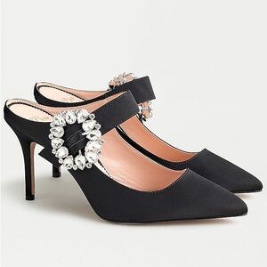 J.Crew Elsie Mule with Jewel Buckle Black Satin Heels - 6